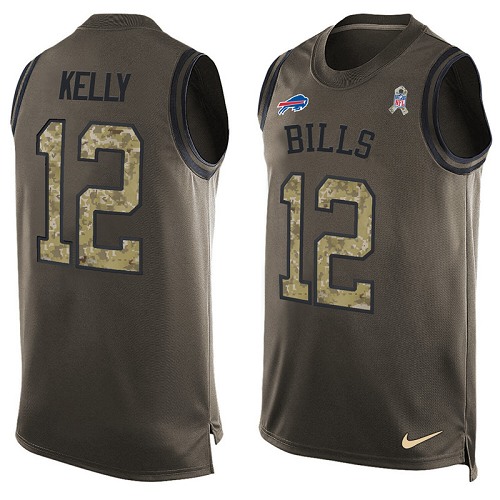 Men's Limited Jim Kelly Nike Jersey Green - #12 Salute to Service Tank Top NFL Buffalo Bills